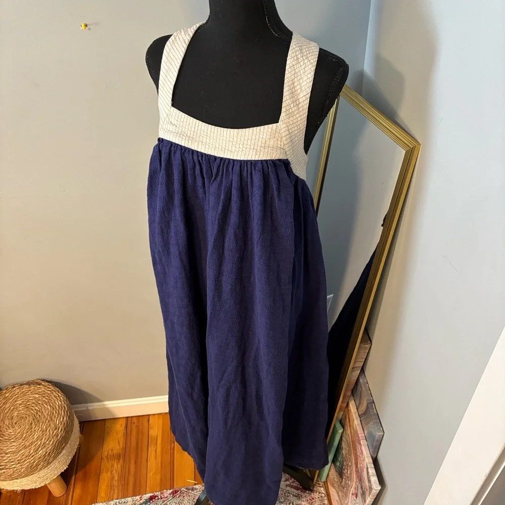 Free People Navy Blue Cotton Linen Striped‎ Bodice Open Back Maxi Dress Small